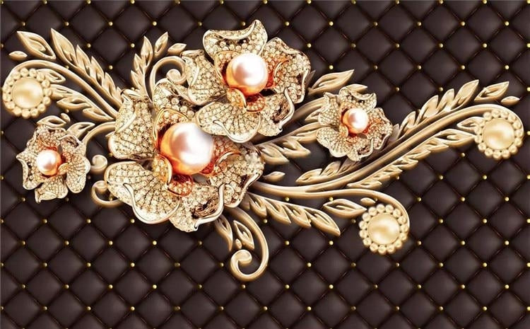 Golden Flower with Pearls With Tufted Background, Custom Sizes Available