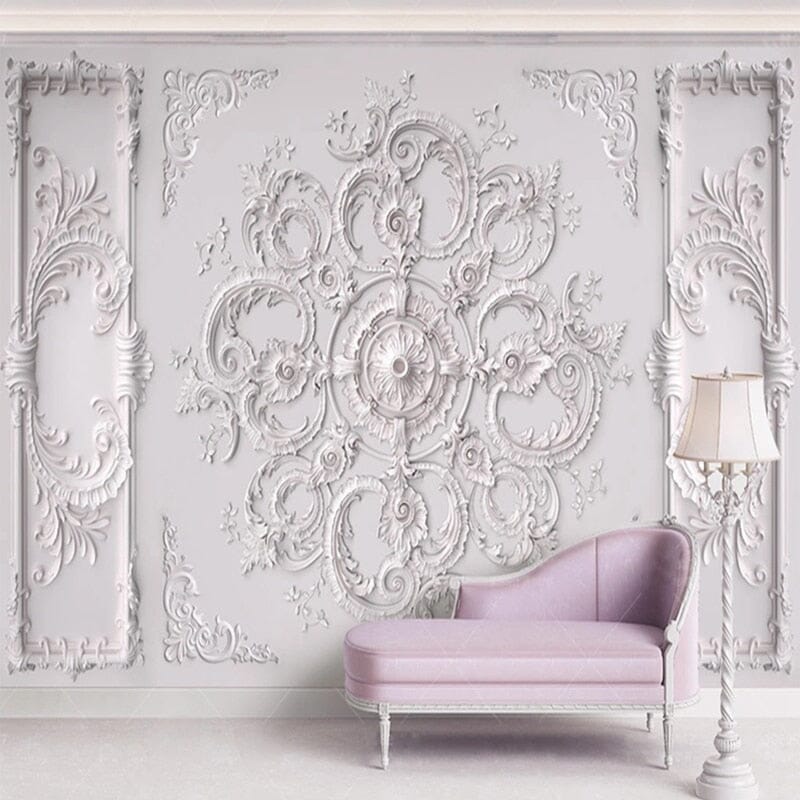 White Ornate Wall or Ceiling Relief Medallion Wallpaper Mural, Custom Sizes Available