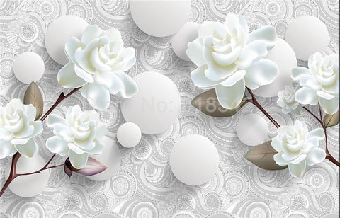 Image of White Gardenias and Spheres Decorative Wallpaper Mural, Custom Sizes Available