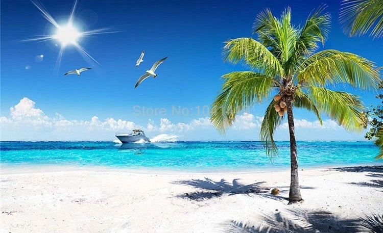 White Sandy Beach With Palm Tree and Boat Wallpaper Mural, Custom Sizes Available