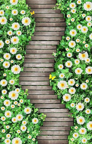 Image of Wooden Path Bordered By Daisies Self Adhesive Floor Mural, Custom Sizes Available