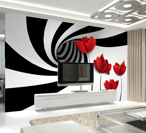 Image of Abstract Spiral Black and White Vortex With Red Flowers Wallpaper Mural, Custom Sizes Available