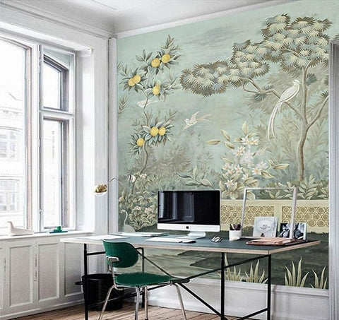 Image of Retro Birds, Lemons and Trees Wallpaper Mural, Custom Sizes Available