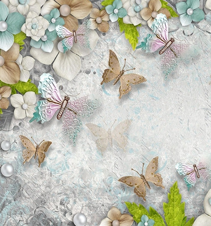 Pastel Flowers and Butterflies Wallpaper Mural, Custom Sizes Available