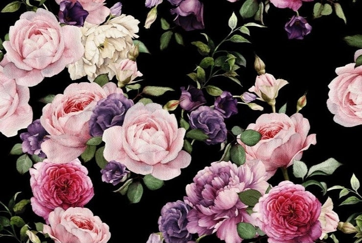Pink Roses On Black Background Wallpaper Mural, Custom Sizes Available