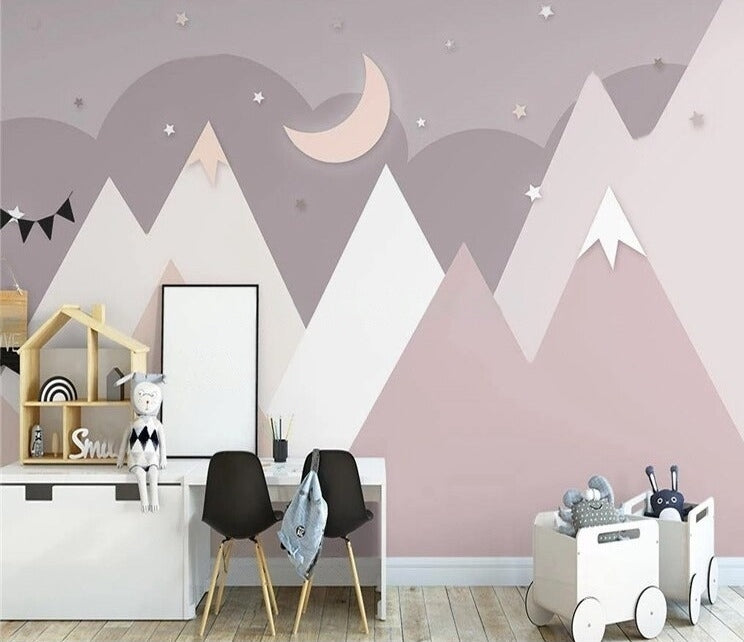 Pink Mountain Peaks Kid's Wallpaper Mural, Custom Sizes Available