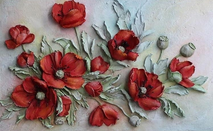 Red Poppy Flowers Relief Wallpaper Mural, Custom Sizes Available