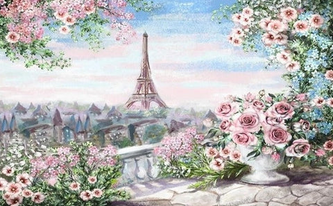 Image of Mural de papel pintado Torre Eiffel y rosas rosadas, tamaños personalizados disponibles