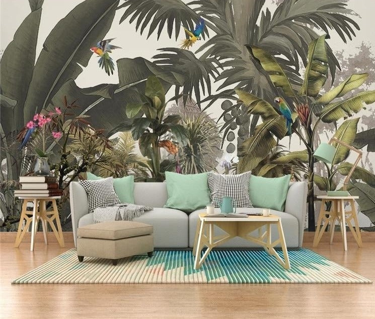 Tropical Rainforest, Flowers and Birds Wallpaper Mural, Custom Sizes Available