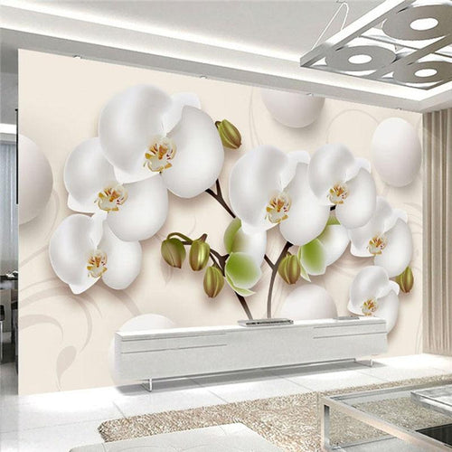 3-D White Orchid Wallpaper Mural, Custom Sizes Available Household-Wallpaper Maughon's 