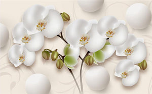 3-D White Orchid Wallpaper Mural, Custom Sizes Available