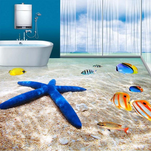 3D Blue Starfish and Tropical Fish Self Adhesive Floor Mural, Custom Sizes Available Floor Murals Maughon's 