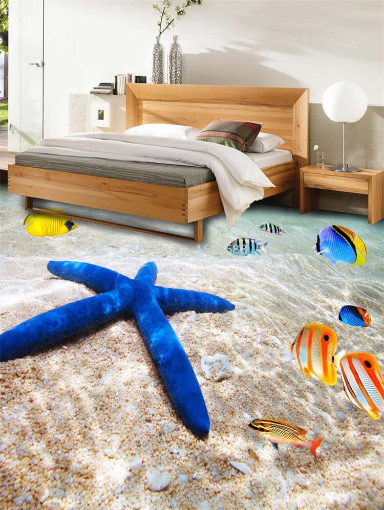 3D Blue Starfish and Tropical Fish Self Adhesive Floor Mural, Custom Sizes Available Floor Murals Maughon's 