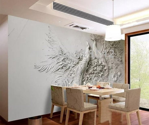 Image of 3D Embossed Peacock Marble Relief Wallpaper Mural, Custom Sizes Available