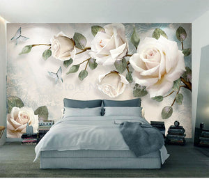 3D Hand-Painted White Roses Wallpaper Mural, Custom Sizes Available