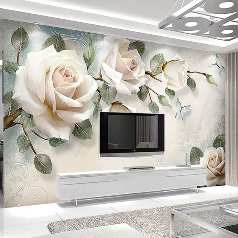 3D Hand-Painted White Roses Wallpaper Mural, Custom Sizes Available Wall Murals Maughon's 