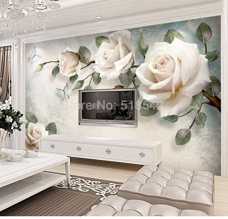 3D Hand-Painted White Roses Wallpaper Mural, Custom Sizes Available Wall Murals Maughon's 