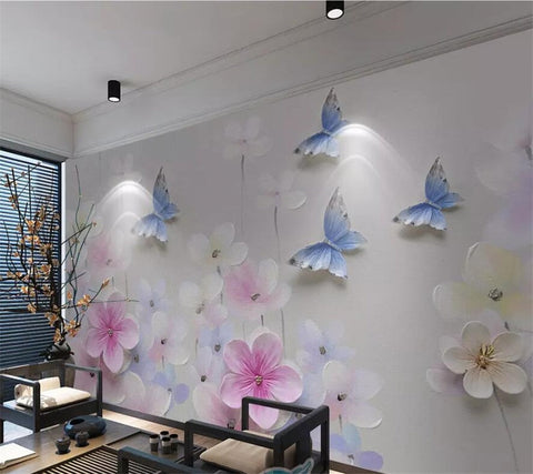 Image of 3D Pastel Butterflies and Flowers Wallpaper Mural, Custom Sizes Available Wall Murals Maughon's 