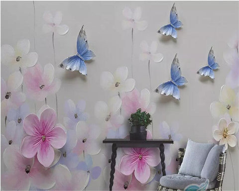 Image of 3D Pastel Butterflies and Flowers Wallpaper Mural, Custom Sizes Available Wall Murals Maughon's 
