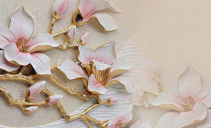 3D Relief Gold Tipped Pink Magnolia Wallpaper Mural, Custom Sizes Available
