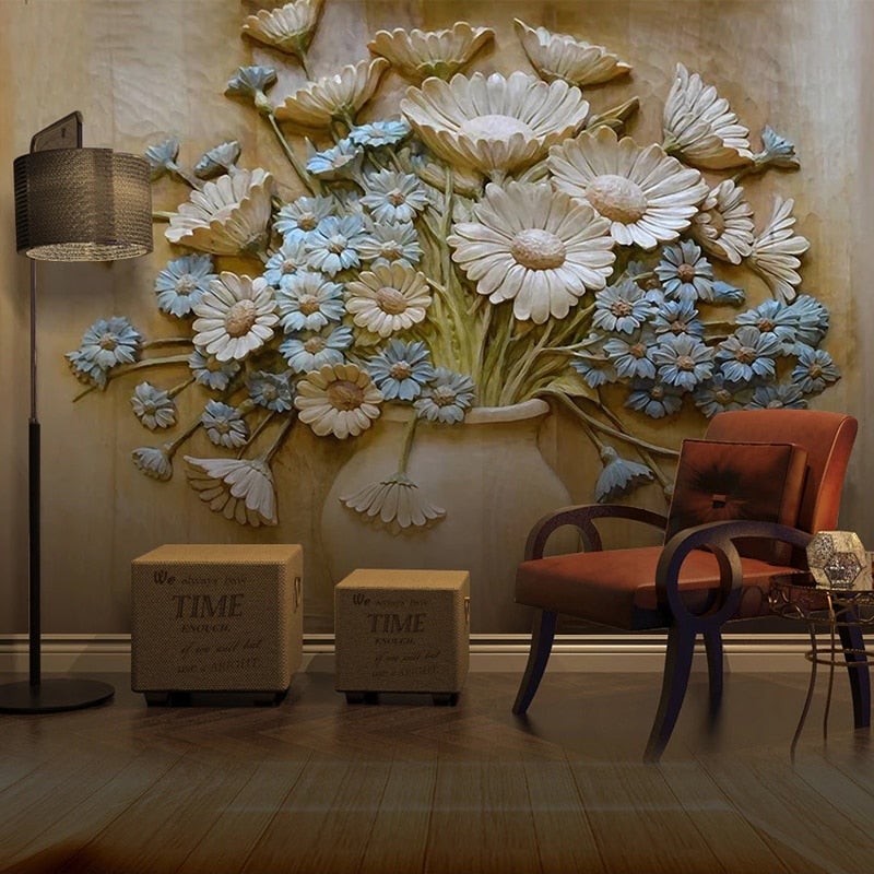 3D Vase of Blue and White Flowers Wallpaper Mural, Custom Sizes Available Wall Murals Maughon's 