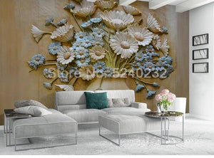 Mural 3D Florero de Flores Azules y Blancas, Tamaños Personalizados Disponibles