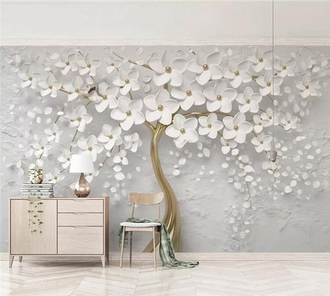 Image of 3D White Flowers Painting Wallpaper Mural, Custom Sizes Available Wall Murals Maughon's 