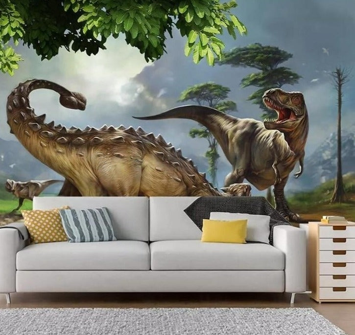Mural de papel pintado con dinosaurios peleando, tamaños personalizados disponibles