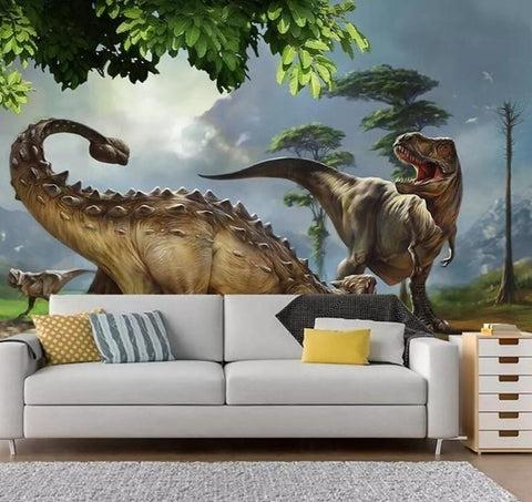 Image of Mural de papel pintado con dinosaurios peleando, tamaños personalizados disponibles