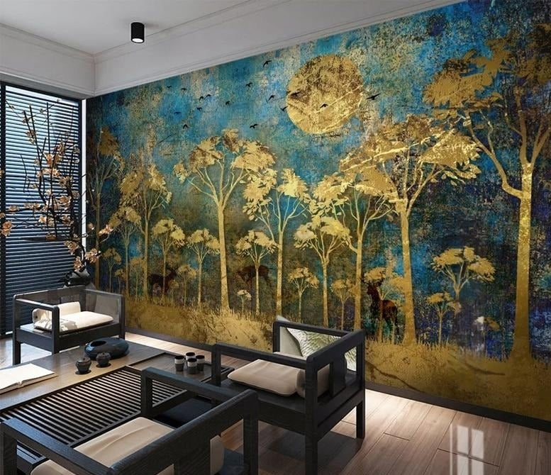 Mural de papel tapiz de bosque dorado abstracto de estilo chino, tamaños personalizados disponibles