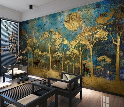 Image of Mural de papel tapiz de bosque dorado abstracto de estilo chino, tamaños personalizados disponibles
