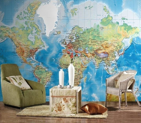 Image of World Map Wallpaper Mural, Custom Sizes Available