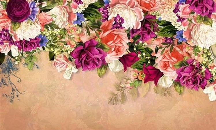 Retro Roses Garland Wallpaper Mural, Custom Sizes Available