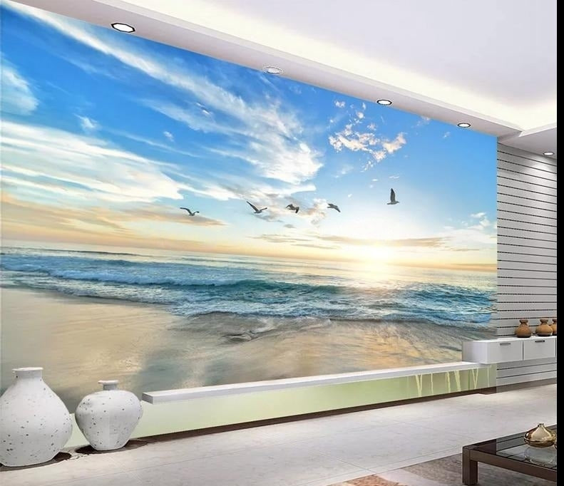 Beach and Seagulls Wallpaper Mural, Custom Sizes Available
