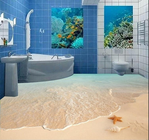 Image of Mural autoadhesivo para suelo de playa de arena con conchas, tamaños personalizados disponibles