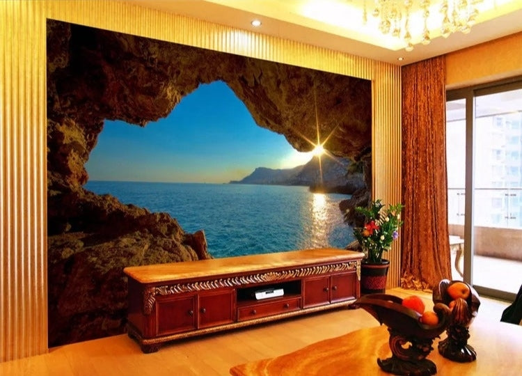Sunrise Over Water and Cave Wallpaper Mural, Custom Sizes Available