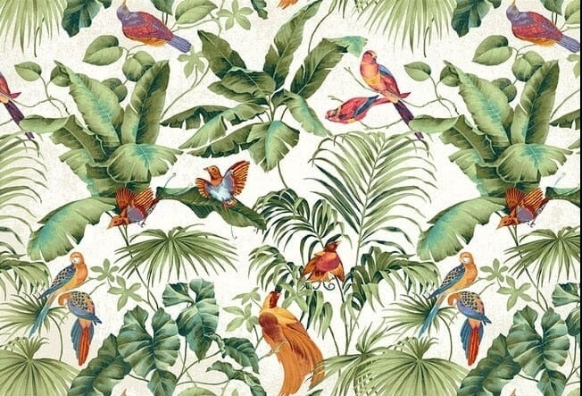 Tropical Birds and Leaves Wallpaper Mural, Custom Sizes Available