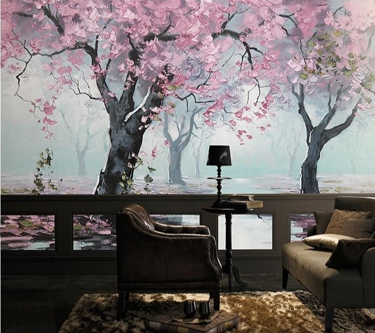 Enchanting Hand-Painted Flowering Cherry Trees Wallpaper Mural, Custom Sizes Available