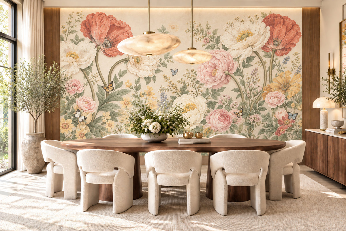 Vintage Wildflowers Botanical Wallpaper Mural, Custom Sizes Available
