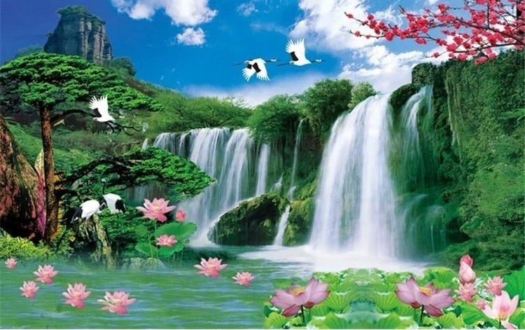 Beautiful Waterfalls and Birds Wallpaper Mural, Custom Sizes Available