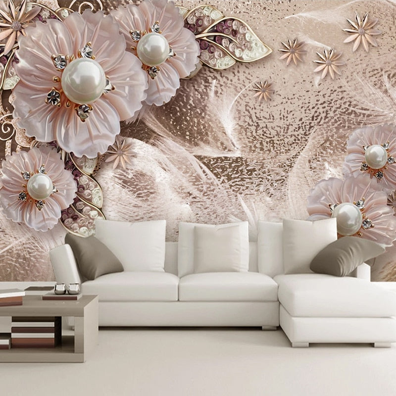Luxurious Pearl and Diamonds Floral Background Wallpaper Mural, Custom Sizes Available