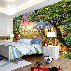 Cartoon Grassland Animals, Lion, Zebra Wallpaper Mural, Custom Sizes Available