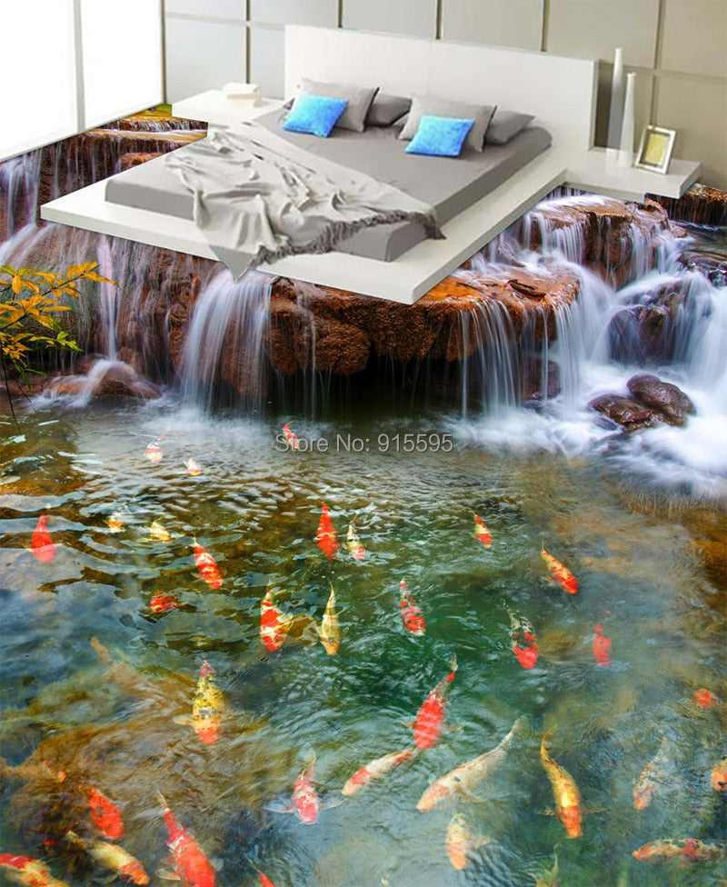 Pond With Waterfall and Koi Self Adhesive Floor Mural, Custom Sizes Available