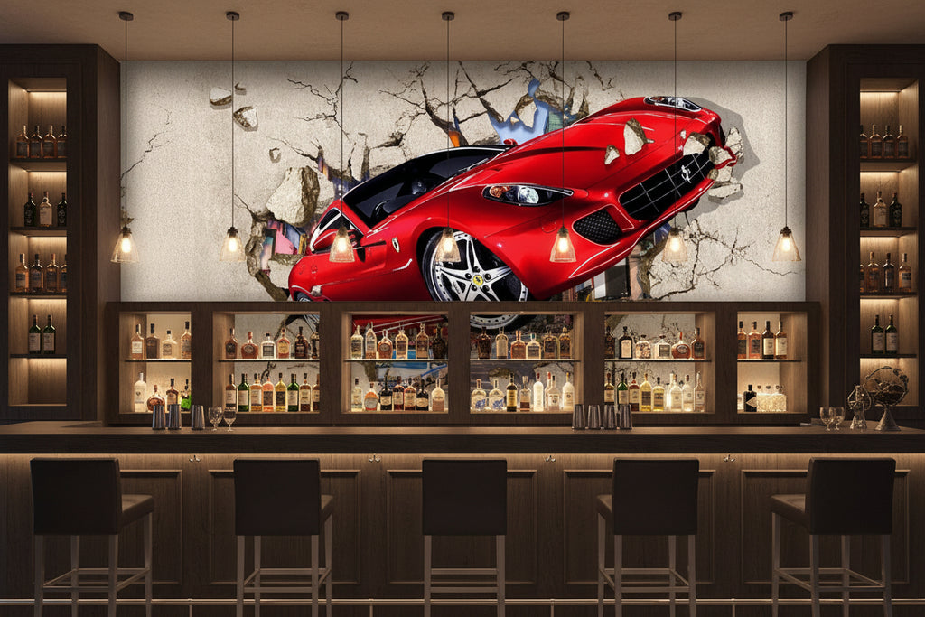 Red Sports Car Breaking Through a Wall Wallpaper Mural, Custom Sizes Available