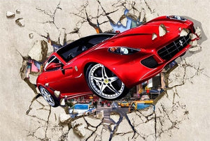 Red Sports Car Breaking Through a Wall Wallpaper Mural, Custom Sizes Available