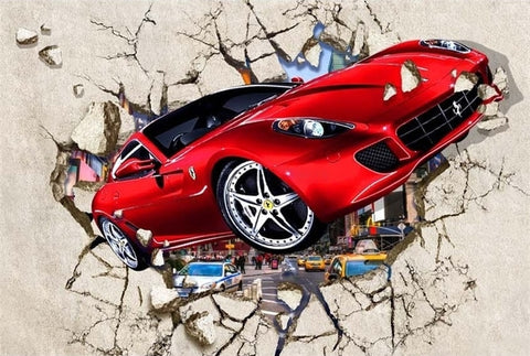 Image of Red Sports Car Breaking Through a Wall Wallpaper Mural, Custom Sizes Available