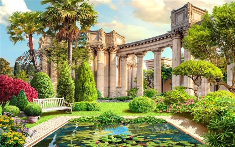 Roman Columns Garden Wallpaper Mural, Custom Sizes Available