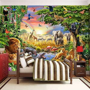 Cartoon Grassland Animals, Lion, Zebra Wallpaper Mural, Custom Sizes Available