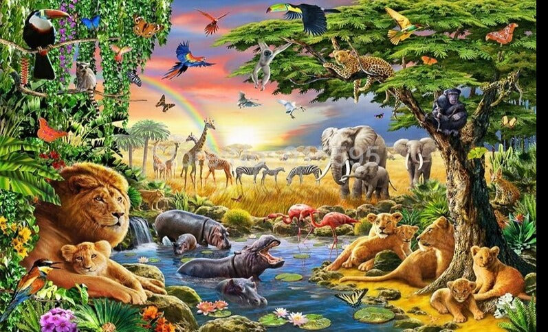 Cartoon Grassland Animals, Lion, Zebra Wallpaper Mural, Custom Sizes Available