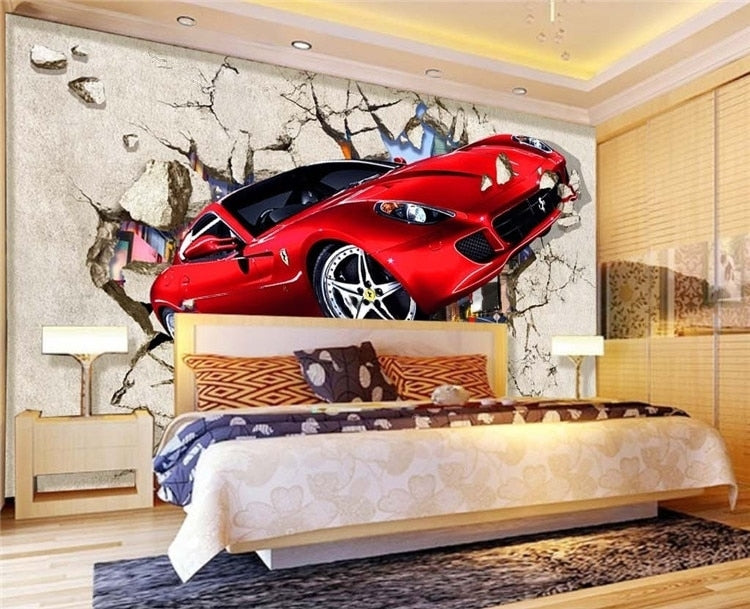 Red Sports Car Breaking Through a Wall Wallpaper Mural, Custom Sizes Available